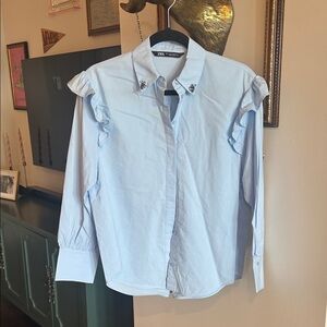 Zara Sky Blue Ruffle Shirt with Embellishments